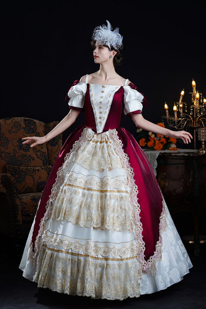 Red/apricot Off Shoulder Short Sleeves Ruffle Cardigan Bowknot Lace Classic Princess Palace Lolita Victorian Dress