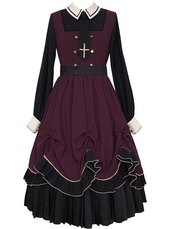 Faux Two Piece Pleated Cape Dark Gothic Dress