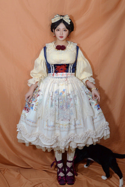 Ivory [ode to Plenty] Berries and Birds Print Ruffle Bowknot Velvet Classic Lolita Breast Support Jsk Dress
