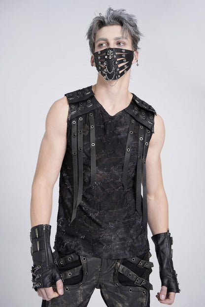 Black Sleeveless Eyelet Strap Distressed Gothic Vest