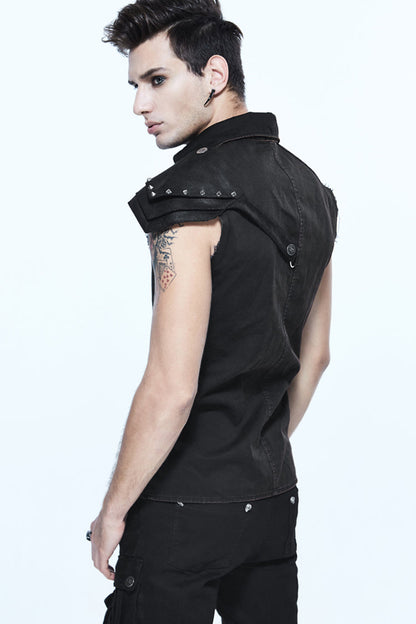 Black Sleeveless Twill One-shoulder Armor Heat Seal Punk Shirt