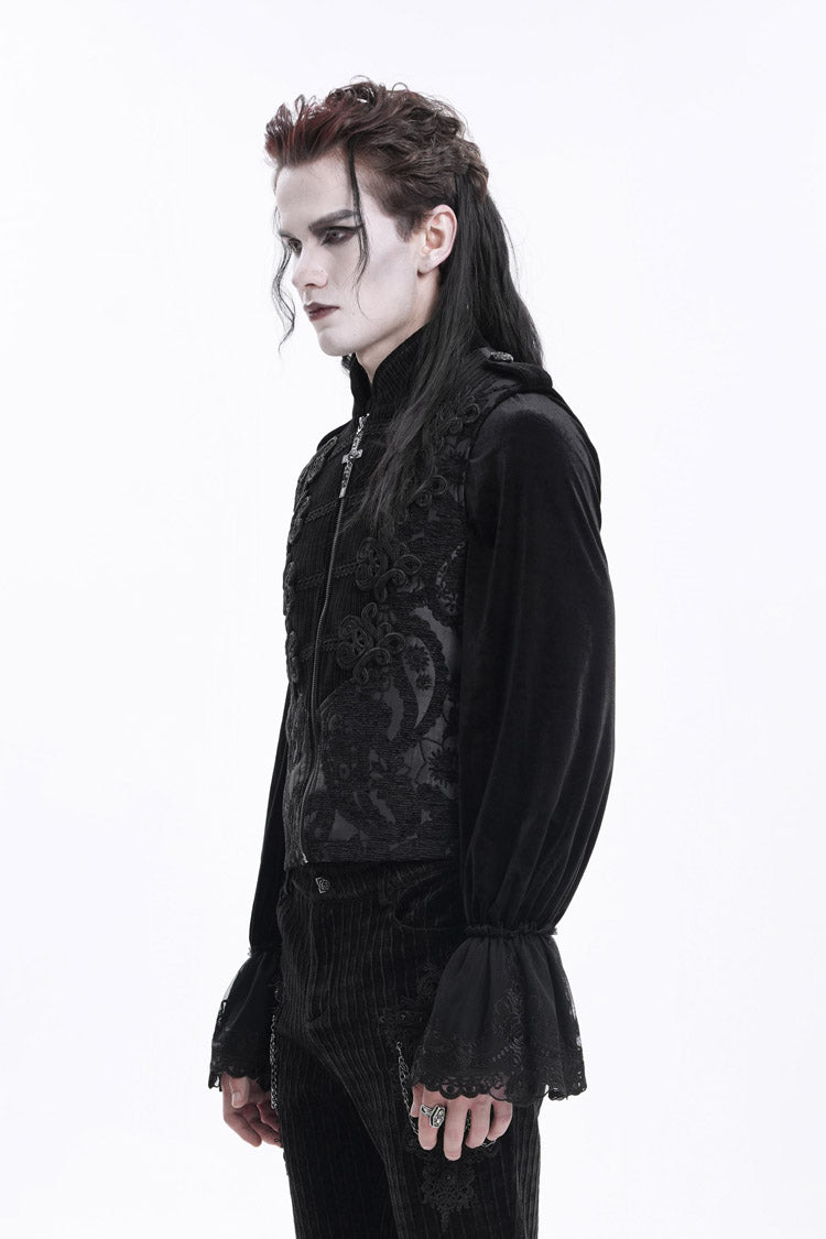 Black Stand Collar Sleeveless Crochet Zipper Gothic Vest