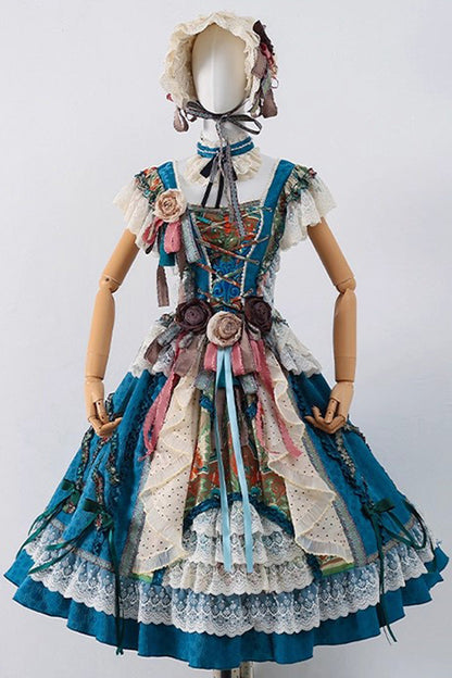 Blue [lake Monet] Sleeveless High Waisted Print Ruffle Cardigan Bowknot Lace-up Classic Princess Lolita Jsk Dress