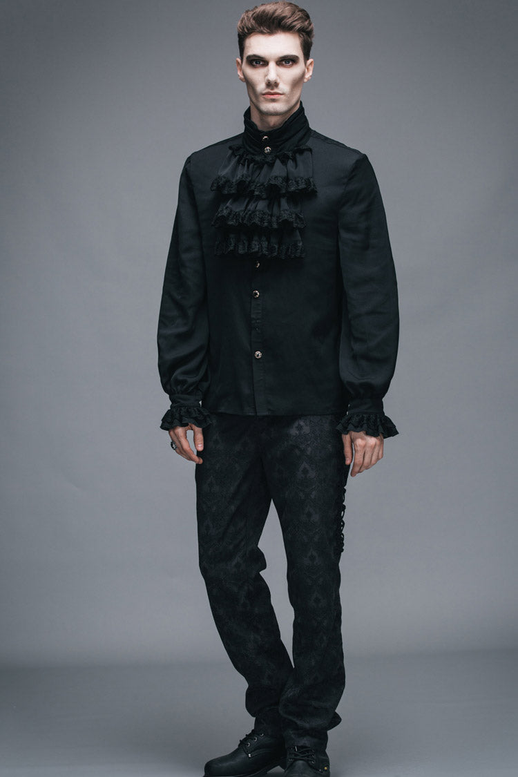 Black Ruffled Lace Button-up Micro-bullet Chiffon Long Sleeve Gothic Shirt
