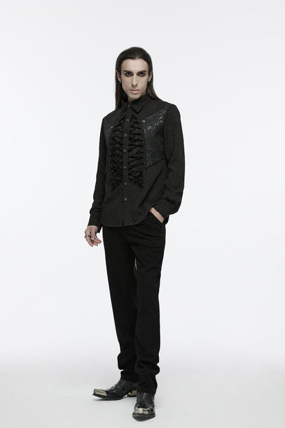 Black Lapel Collar Long Sleeves Jacquard Print Drawstring Lace-up Gothic Blouse