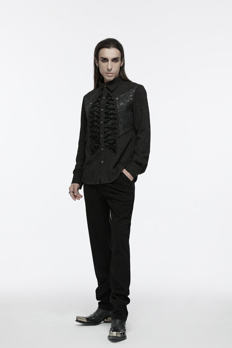 Black Lapel Collar Long Sleeves Jacquard Print Drawstring Lace-up Gothic Blouse