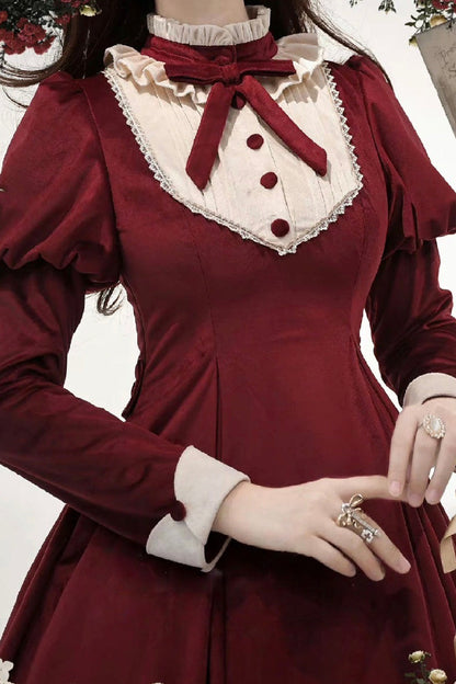 Wine Red [new Year] Stand Collar Long Sleeves Ruffled Bow Classic Lolita Dress