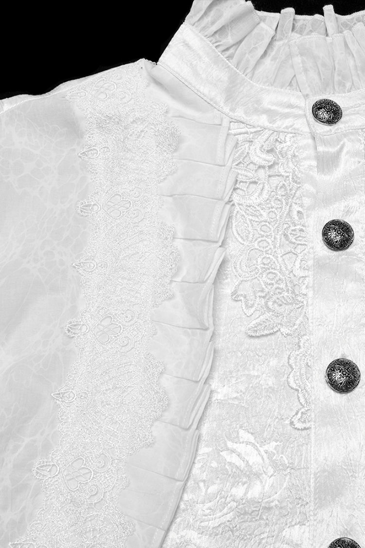 White Stand Collar Long Puff Sleeves Jacquard Ruffle Embroidery Gothic Blouse