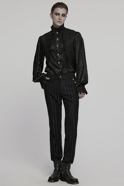 Black Stand Collar Long Puff Sleeves Jacquard Ruffle Embroidery Gothic Blouse