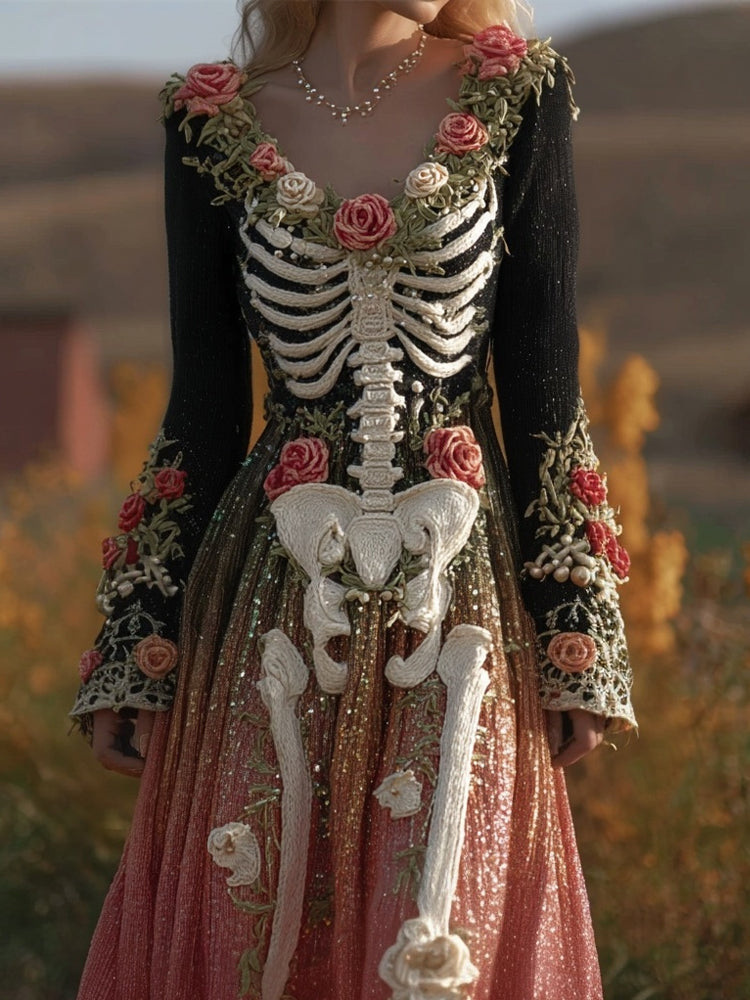 Vintage Skeleton Roses Glitter Gradient Flowy Maxi Dress elevenforest