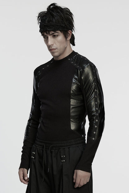 Black Round Collar Long Sleeves Spliced Eyelet Punk T-shirt