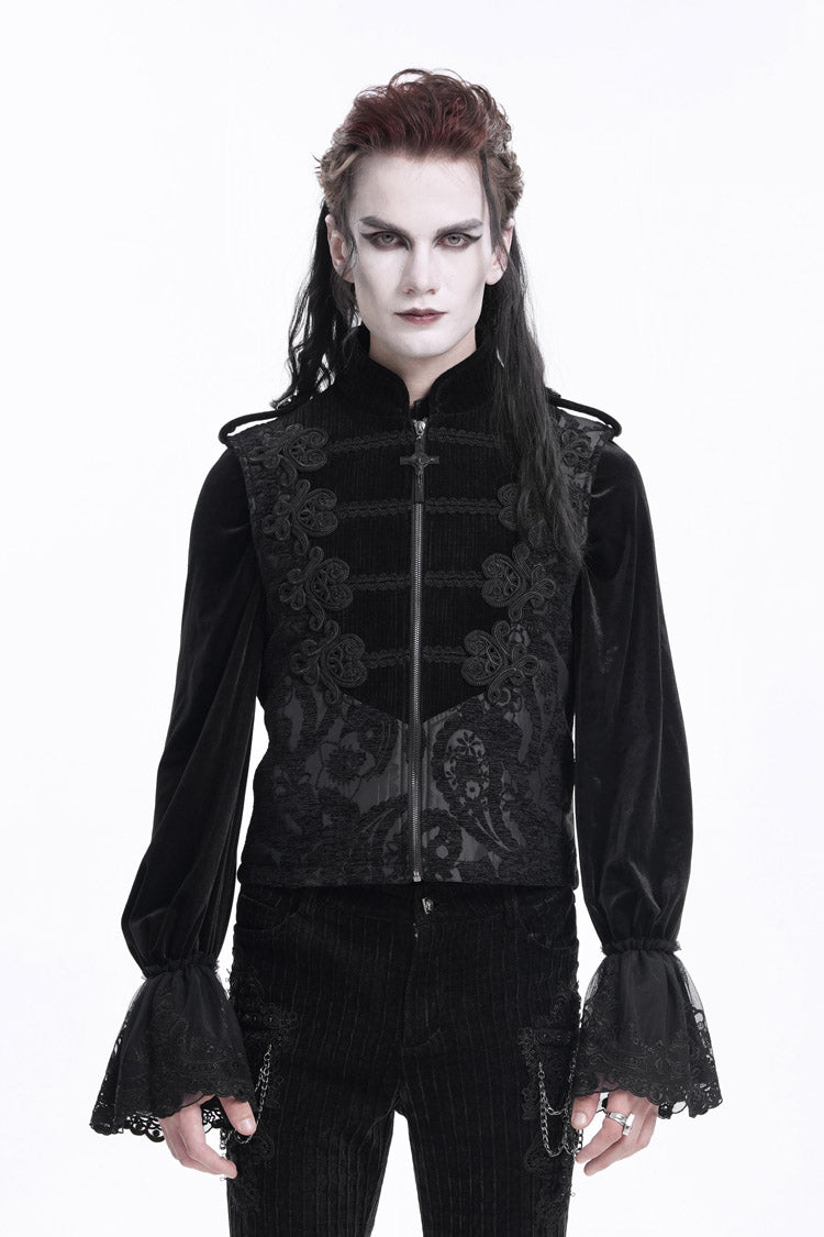 Black Stand Collar Sleeveless Crochet Zipper Gothic Vest