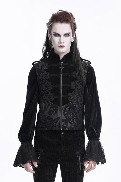 Black Stand Collar Sleeveless Crochet Zipper Gothic Vest