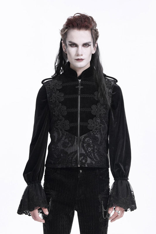 Black Stand Collar Sleeveless Crochet Zipper Gothic Vest