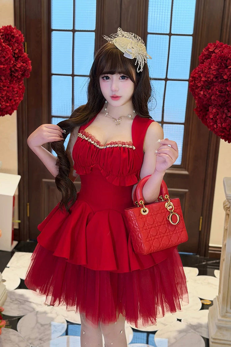 Red [romantic Rose] Square Collar Sleeveless Ruffled Classic Ballet Lolita Dress
