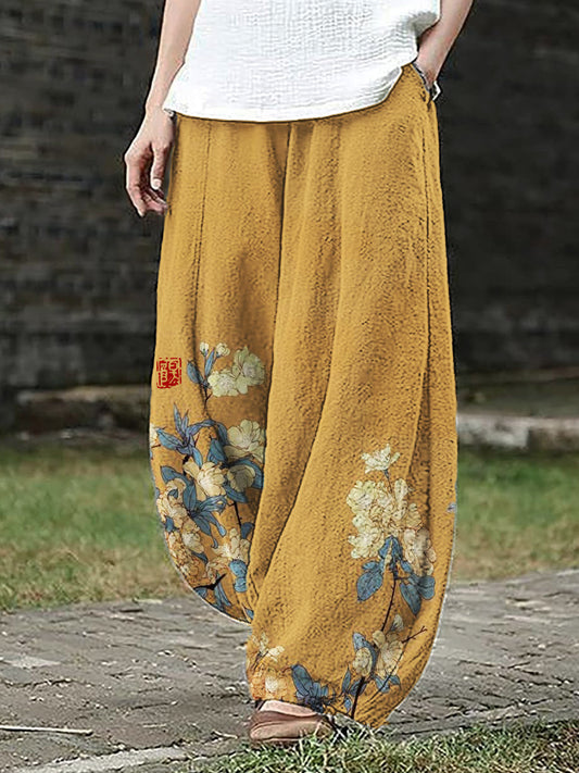 Simple Floral Japanese Art Linen Blend Wide Leg Pants elevenforest