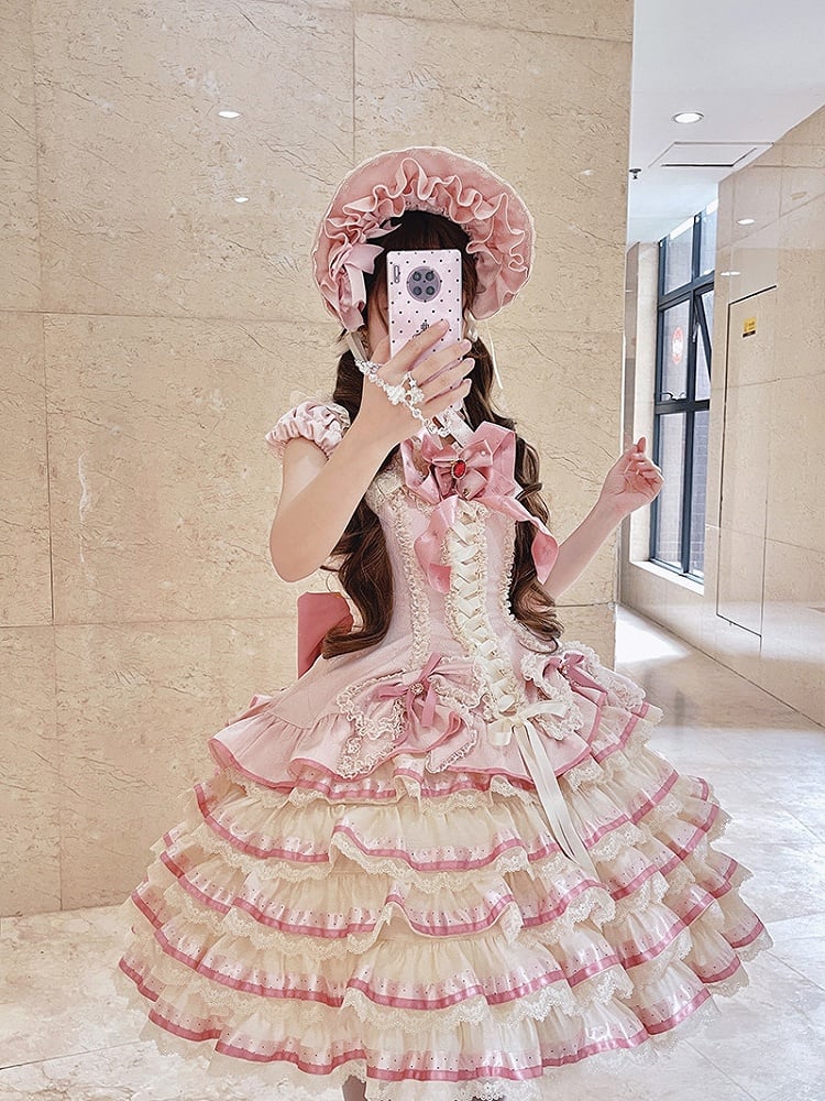 [pre-order Deadline: April 30] Sweet Pink Lolita Lace Ribbon Tiered Ruffle Princess Dress