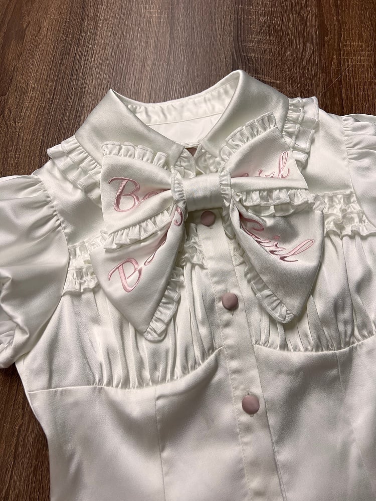 [order Deadline: May 12] Pink White Sweet Lolita Idol Ribbon Puff Sleeve Shirt + Corset Tulle Pull-up Jks Dress Set