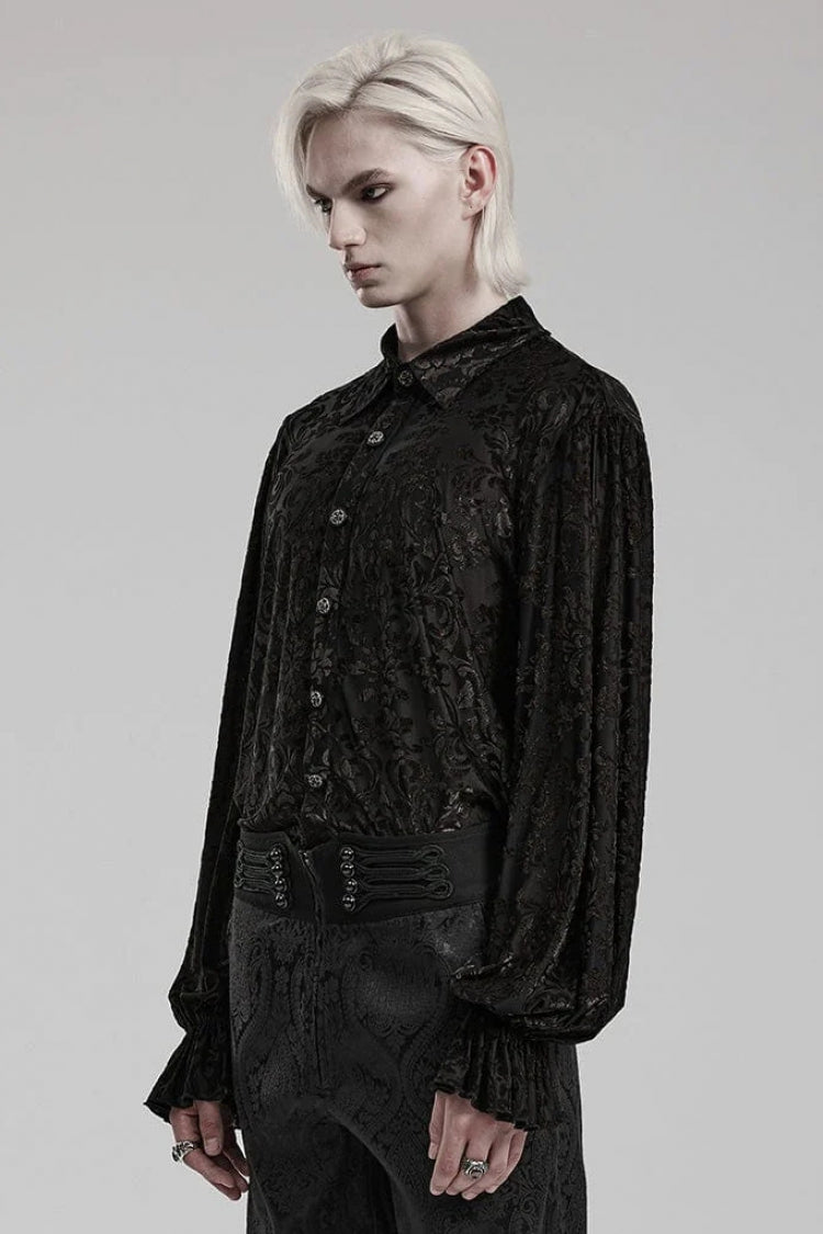 Black Lapel Collar Long Trumpet Sleeves Bronzing Pattern Print Gothic Blouse