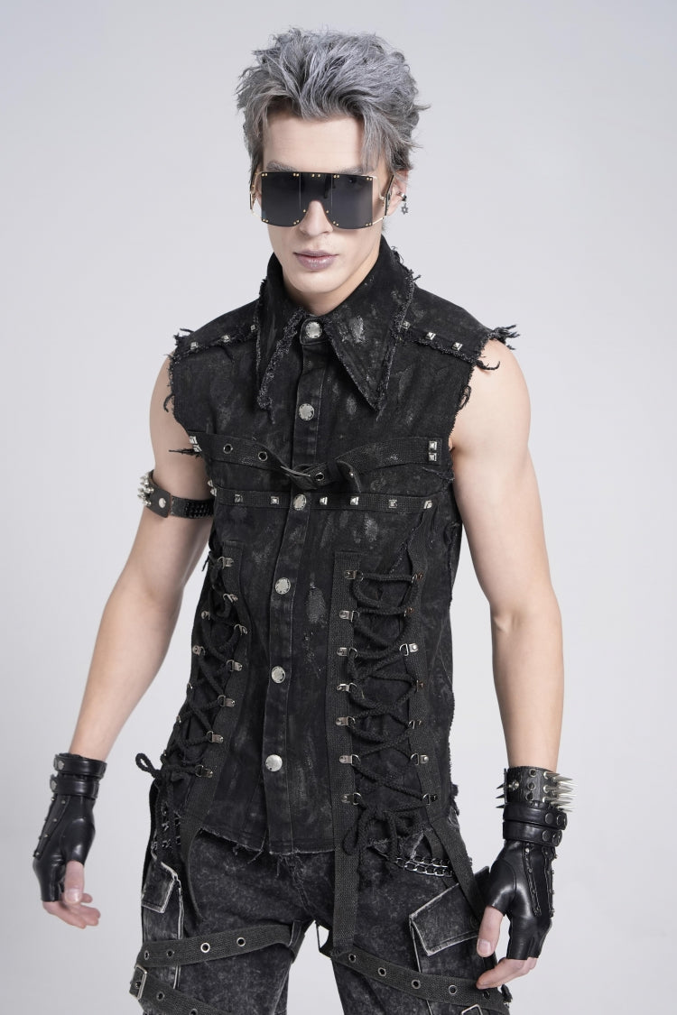 Black Sleeveless Studded Lace-up Gothic Distressed Vest