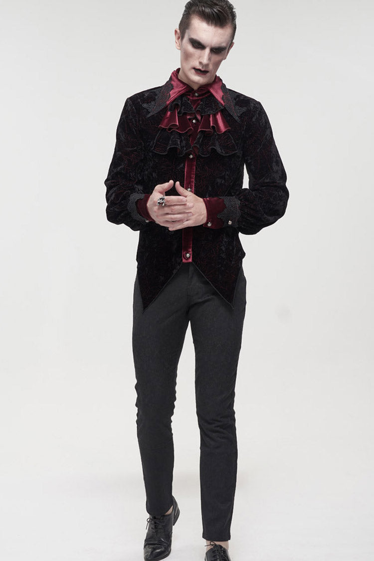 Black/red Gothic Lace Stand Collar Ruffle Lantern Sleeves Velvet Crack Shirt