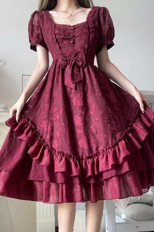 French Print Multi-layer Ruffled Short Sleeve Classic Lolita Dress