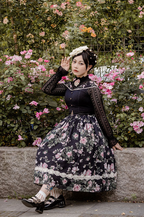 Black French Rose Print V Collar Sleeveless Ruffled Classic Lolita Jsk Dress