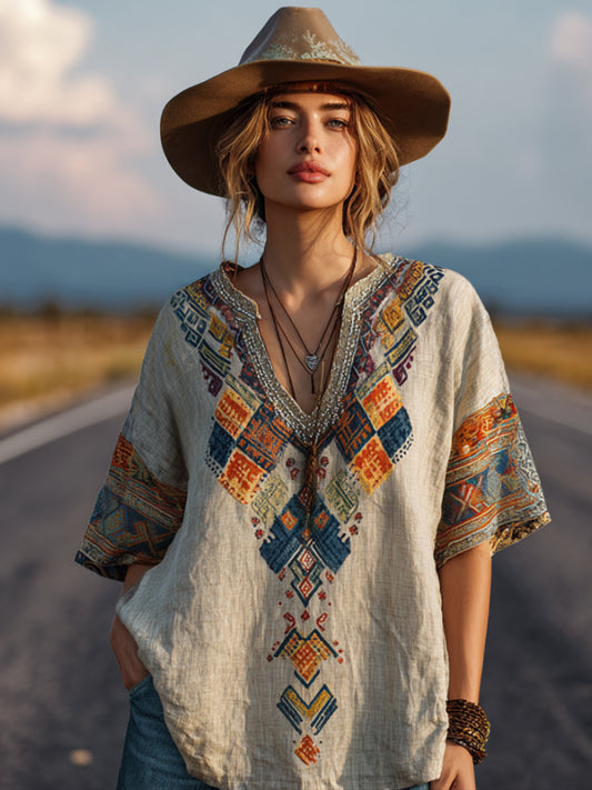 Western-style Apache Pattern Embroidery V-neck Short-sleeved Shirt elevenforest