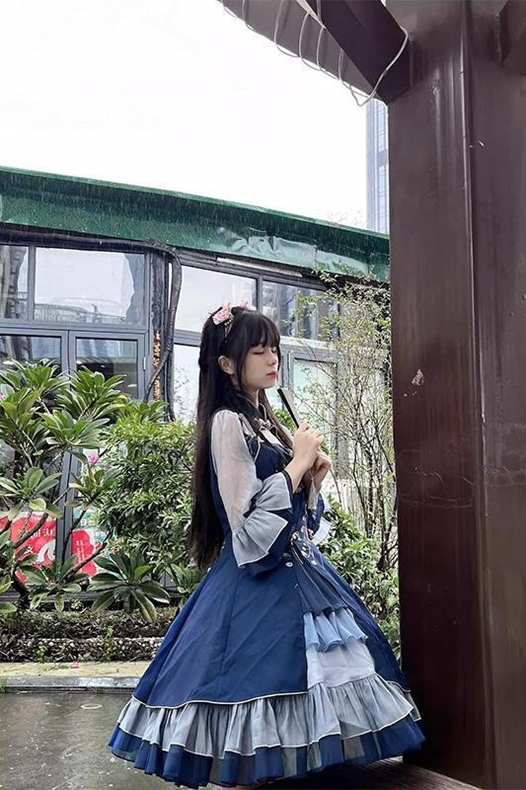 Blue Multi-layer Print Ruffle Classic Chinese Style Princess Lolita Jsk Dress