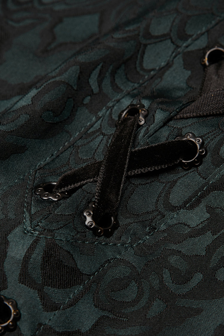 Jacquard Long Sleeve Front Metal Eyelets Lace Up Metal Carving Buckle Cuff Gothic Shirt 3 Colors