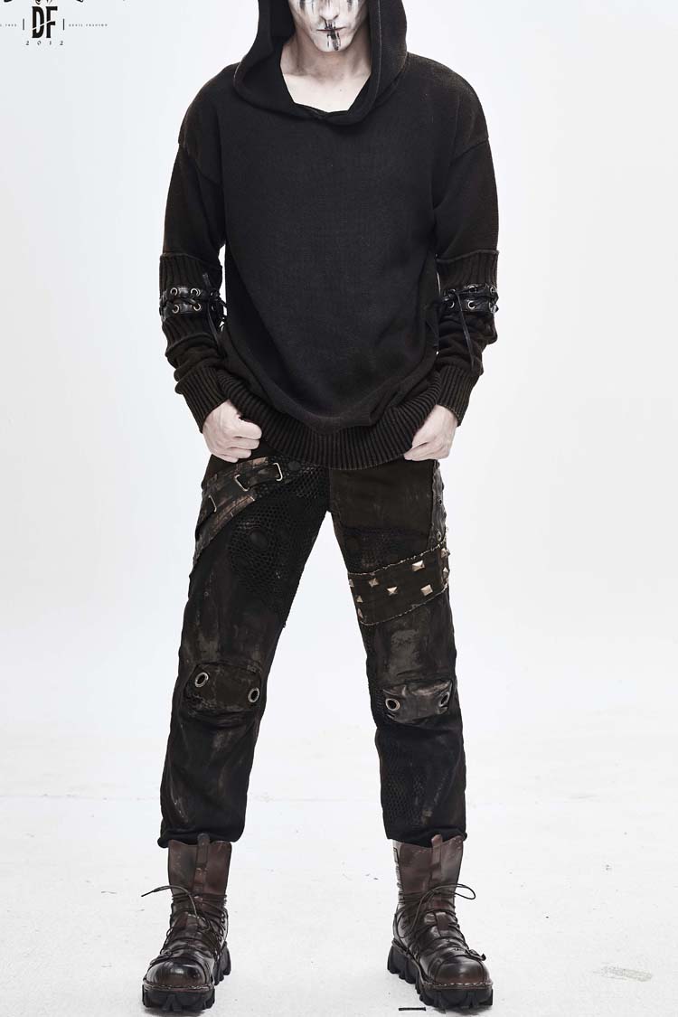 Brown Worn-out Long Sleeve Elbow Leather Strip Lace-up Hooded Coarse Knit Punk Sweater