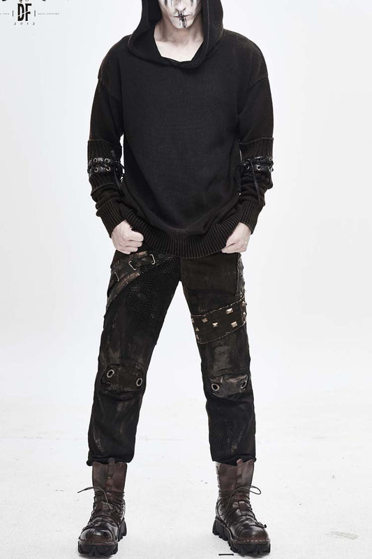 Brown Worn-out Long Sleeve Elbow Leather Strip Lace-up Hooded Coarse Knit Punk Sweater