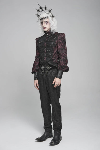 Black/red Stand Collar Long Lantern Sleeves Print Embroidery Gothic Blouse