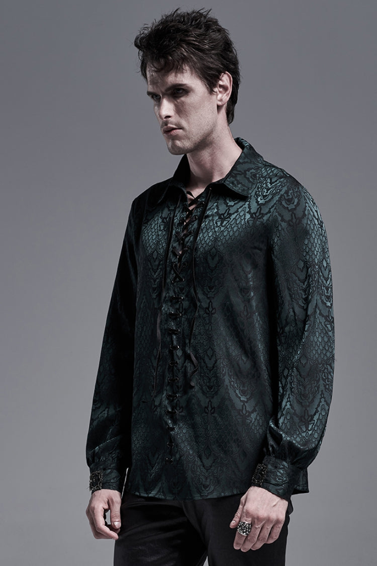 Jacquard Long Sleeve Front Metal Eyelets Lace Up Metal Carving Buckle Cuff Gothic Shirt 3 Colors