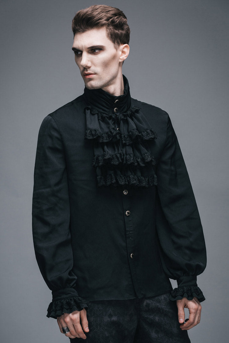 Black Ruffled Lace Button-up Micro-bullet Chiffon Long Sleeve Gothic Shirt