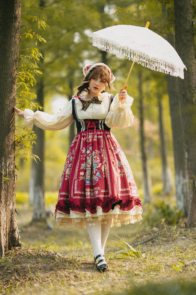 Wine Red [ode to Plenty] Berries and Birds Print Ruffle Bowknot Velvet Classic Lolita Breast Support Jsk Dress