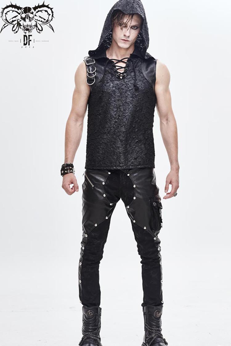 Black Hooded Tattered Chest Lace Up Metal Buckle Knit Punk Vest