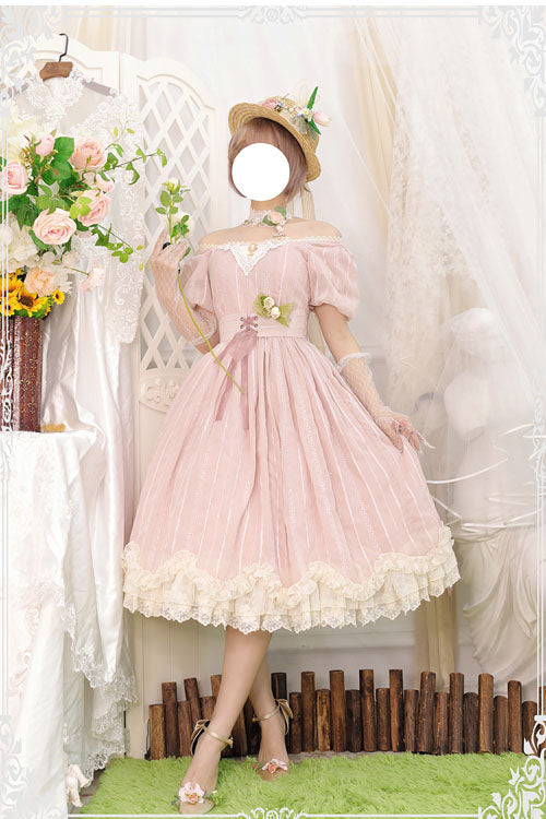 Pink Square Collar Short Sleeves Multi-layer Ruffled Classic Lolita Op Dress
