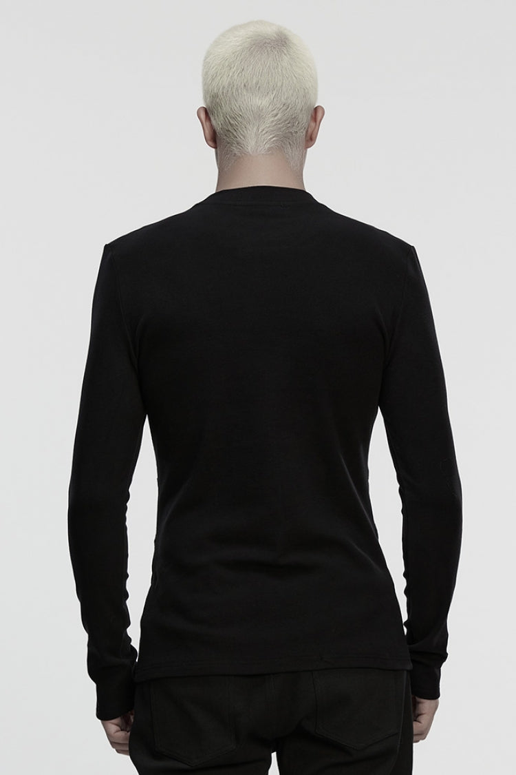 Black Round Collar Long Sleeves Buckled Strappy Pleated Eyelet Punk Top