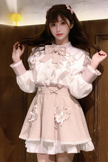 Lace Shoulder Ribbon Blouse + Skirt