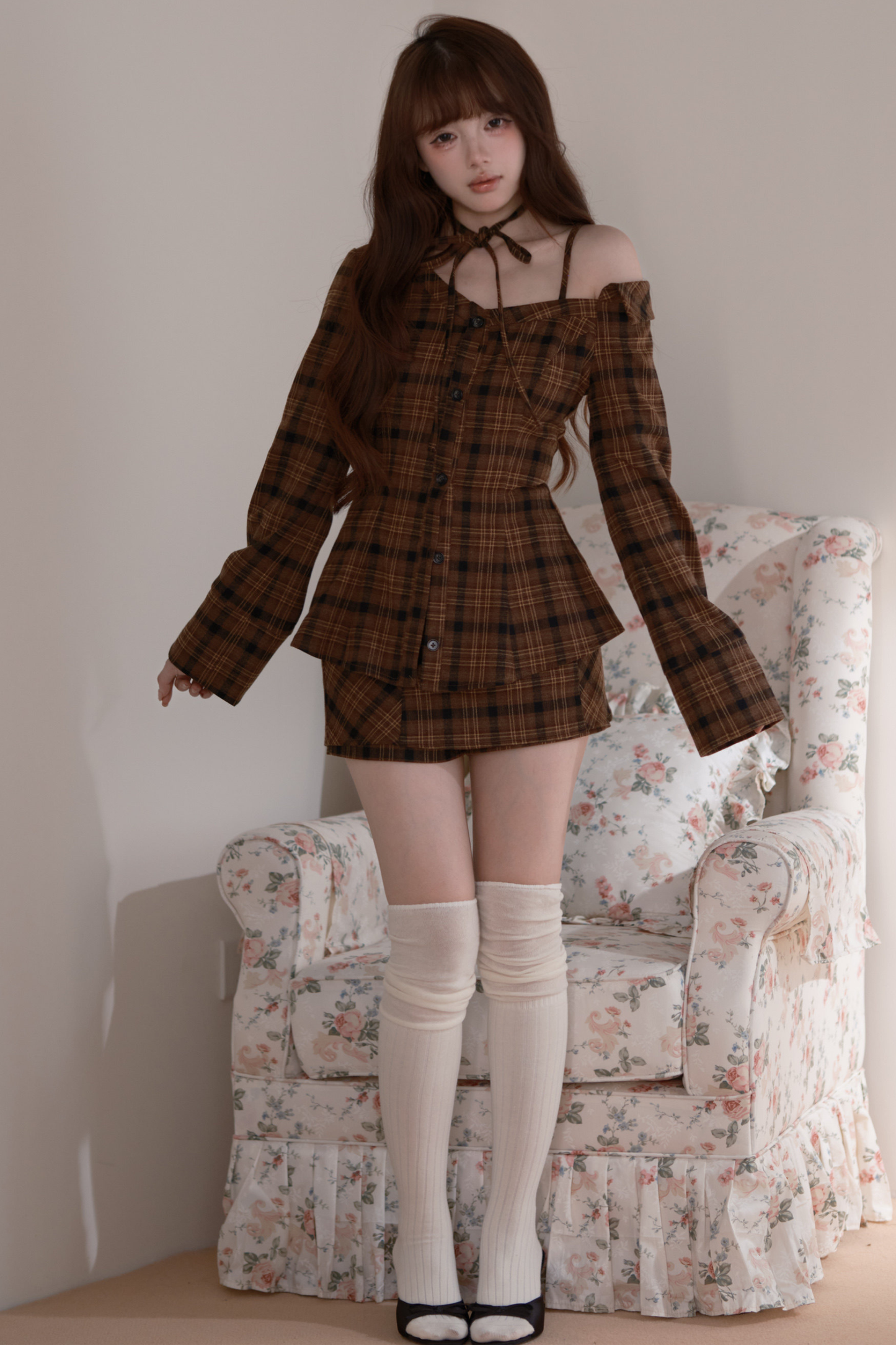 Checkered Off Shoulder Top + Shorts