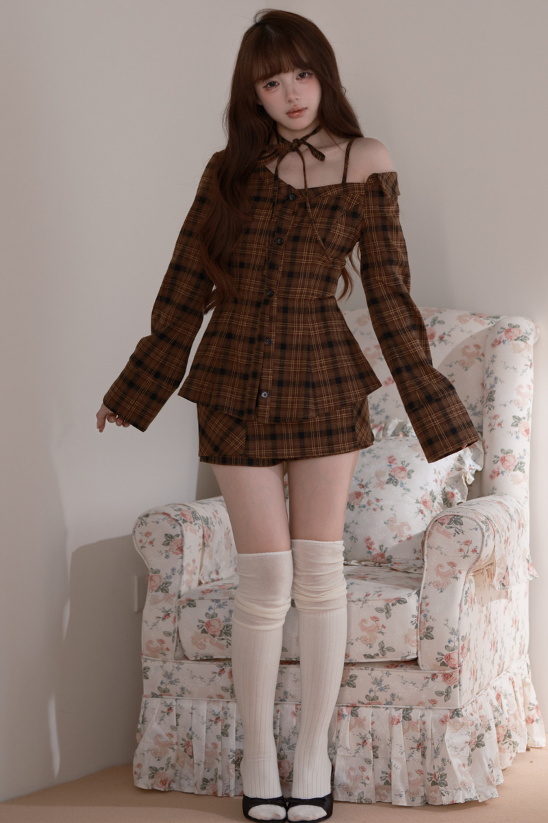 Checkered Off Shoulder Top + Shorts