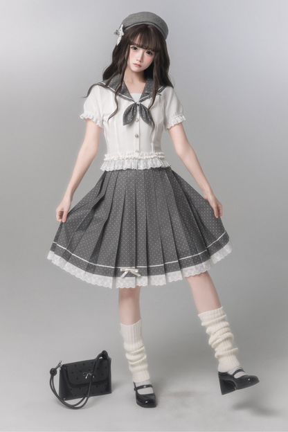 Sweet College Style Top + Polka Dot Pleated Skirt + Bow Tie