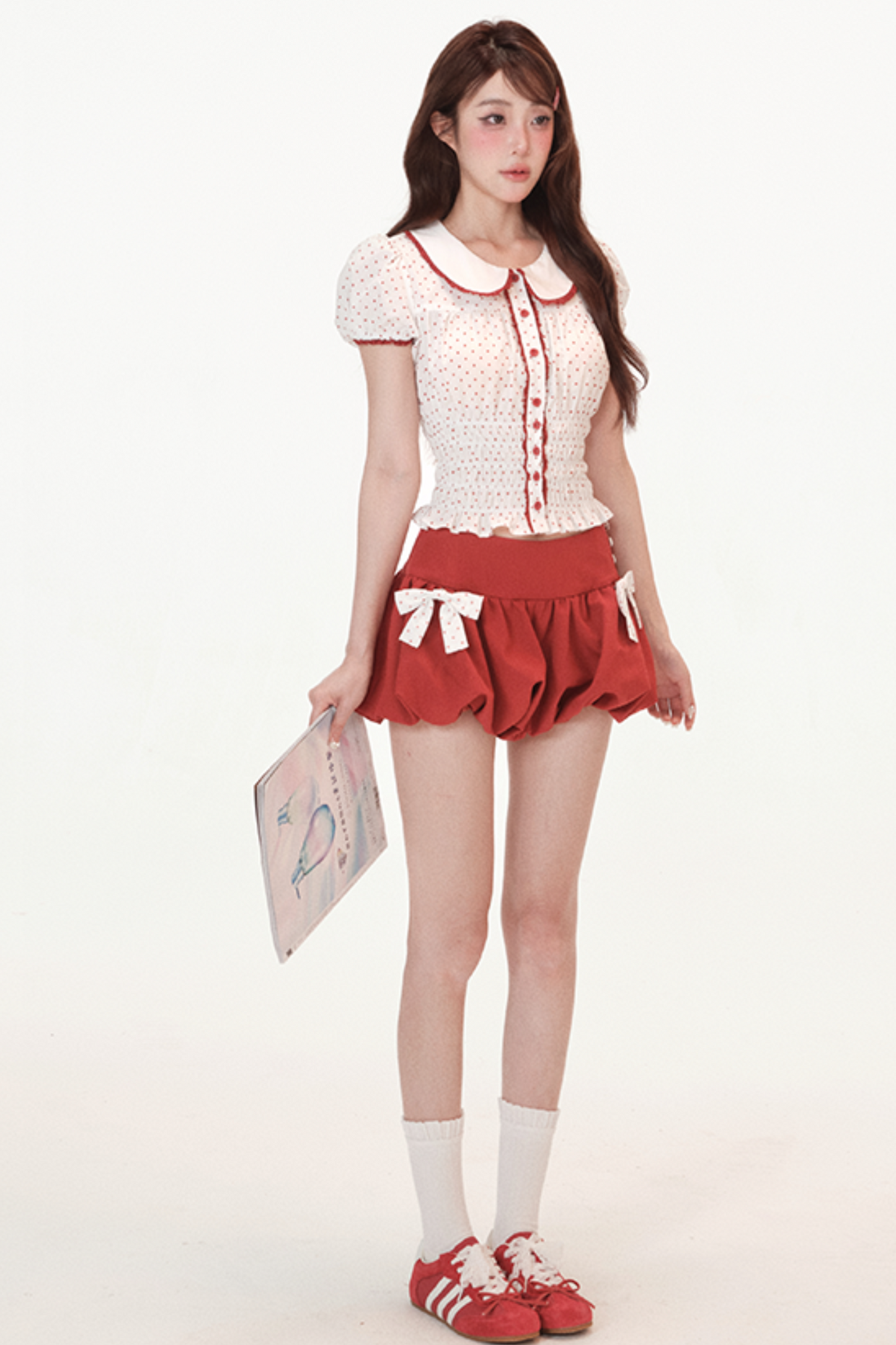 Polka Dot Puff Sleeve Doll Shirt + Ribbon Balloon Skirt Pants
