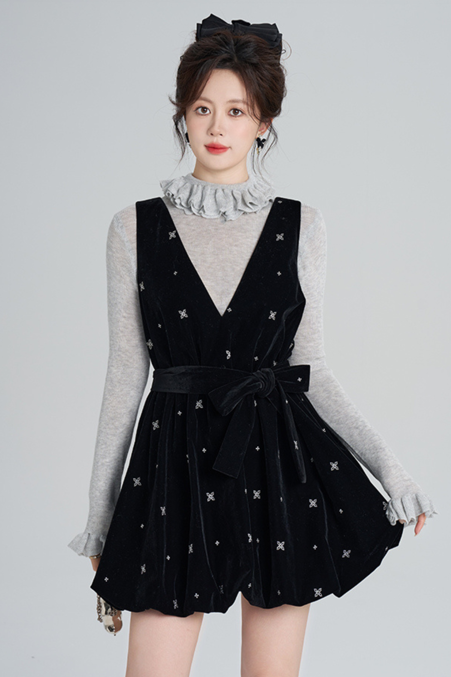 French Black Velvet Ribbon Balloon Dress