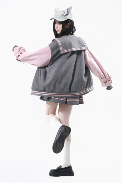 Sailor Collar Jacket + Pleated Skirt + Long Pants