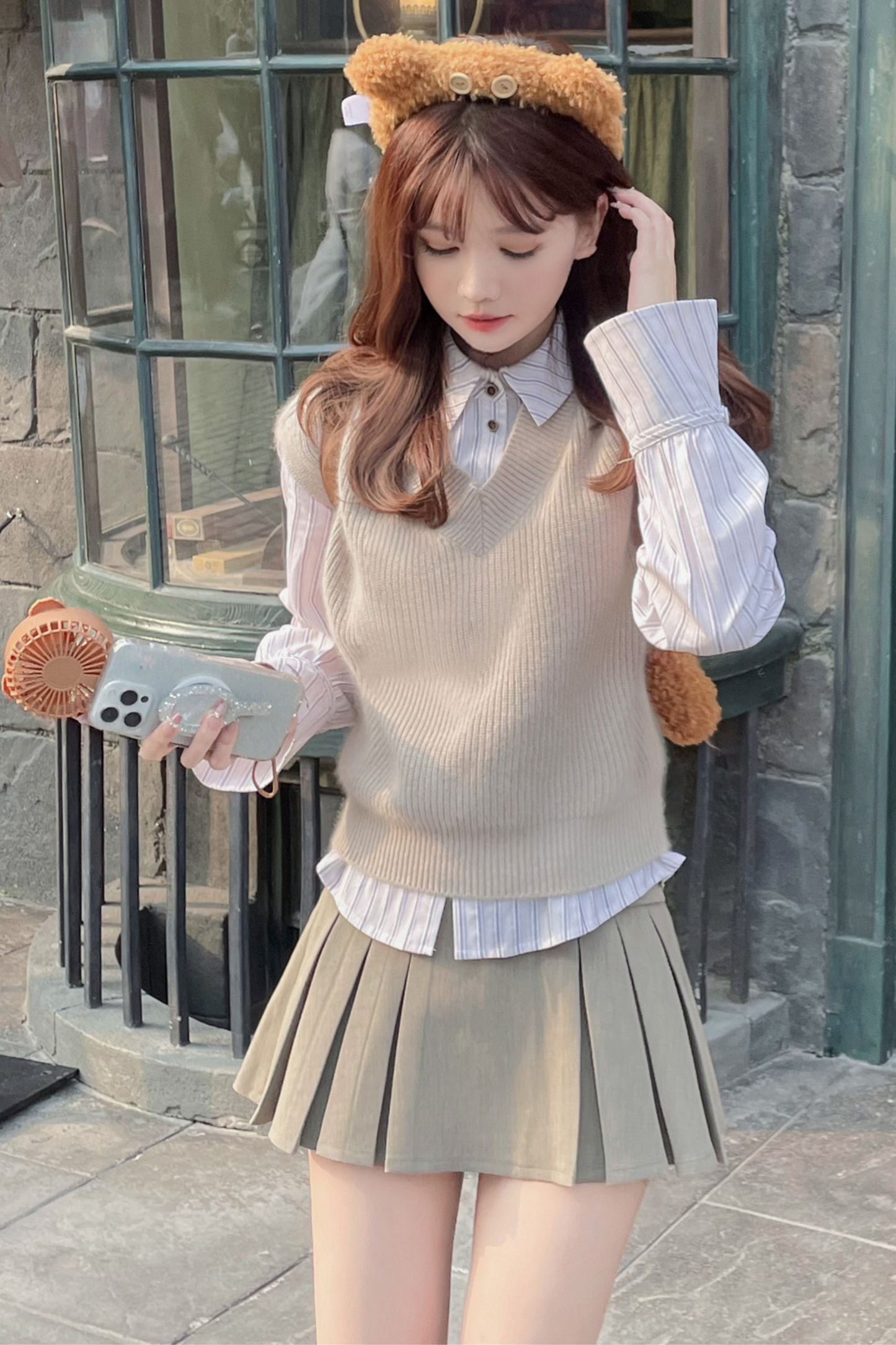 Fur Knit Vest + Striped Shirt