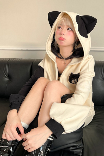 Cat Ear Hooded Short Parka + Camisole + Skirt