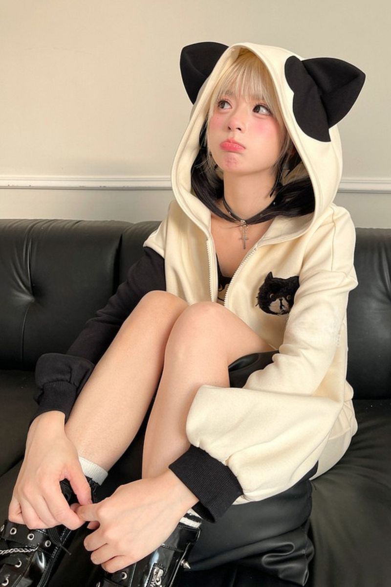 Cat Ear Hooded Short Parka + Camisole + Skirt