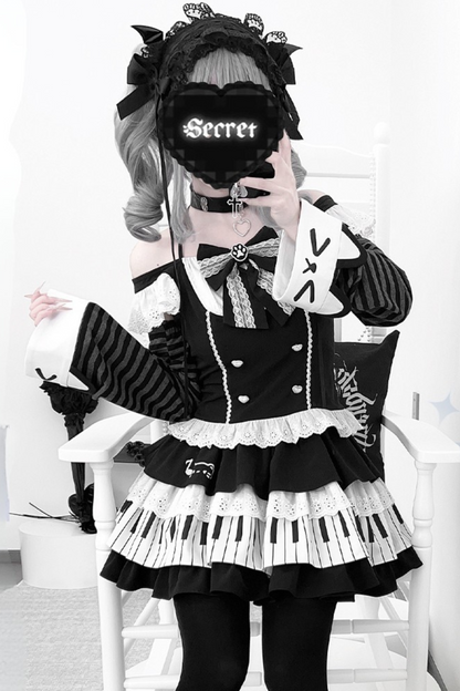 Dark Ruffle Top + Piano Skirt + Cat Sleeve